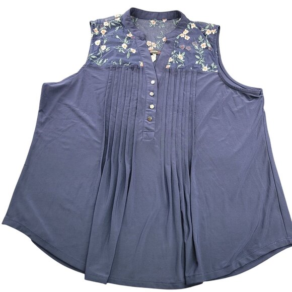 Sleeveless Navy Cocomo Embroidered Floral Blouse XL Pleated Front Button Detail - Picture 1 of 5